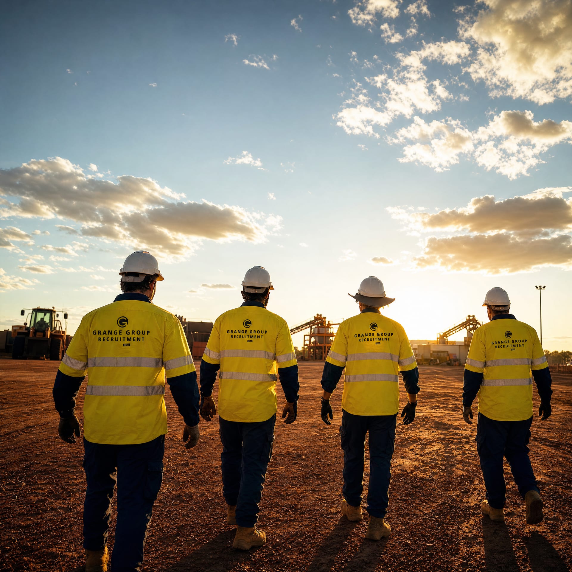 Workers wearing hard hats on an industrial site